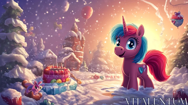 Snowy birthday wonderland with smiling candy-colored unicorn.