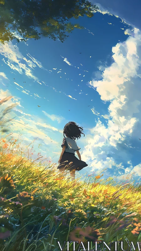 Girl stands in sunlit meadow under expansive dynamic sky