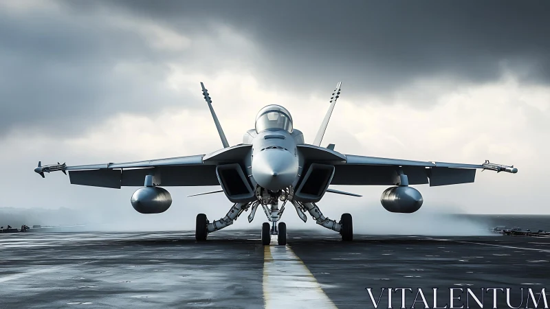 Storm-edge fighter jet crouches on carrier deck runway.