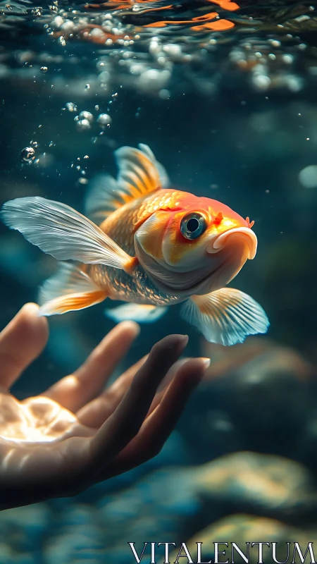 Golden koi gliding above an outstretched luminous hand.