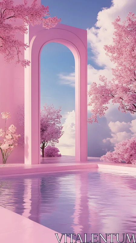 Pink architectural arch by reflective pool with trees.