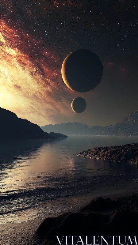 Dual planets hover above alien coastline in cinematic light