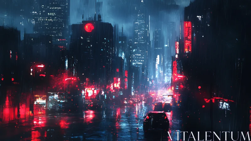 Neon rain softens a futuristic city street into vivid glow
