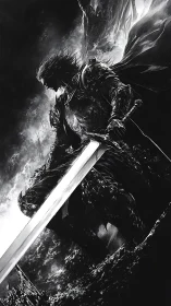 Shadowforged knight rises beneath storm-split heavens.