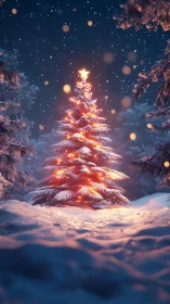 Snow-laden Christmas fir tree radiates warm bokeh-lit illumination