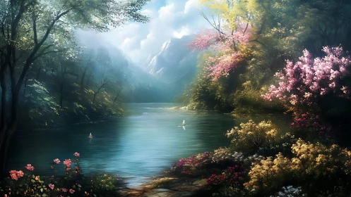 Gentle riverside garden under soft morning mountains.