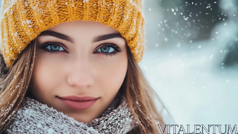Snowy winter portrait captures serene blue-eyed confidence