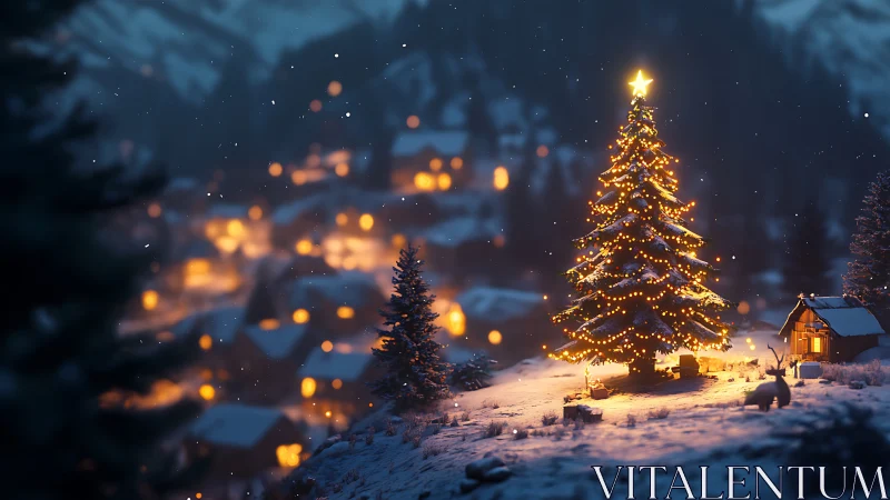Snowy hillside Christmas tree glows above a cozy winter village
