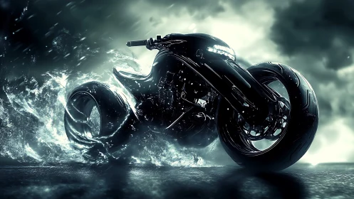 Storm-chasing cyber bike carves silver water and thunder.