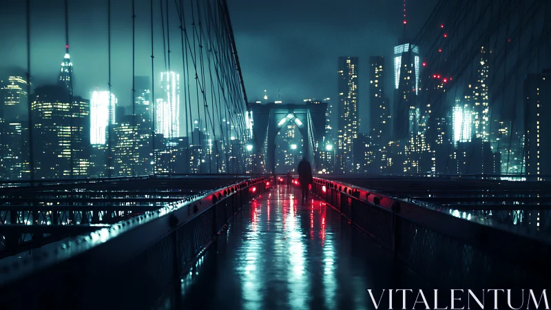 Nighttime city bridge scene shows lone figure in rain