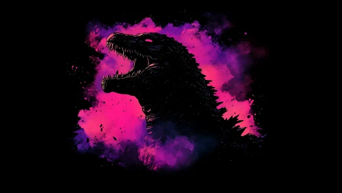 Silhouetted reptilian kaiju profile on neon vapor cloud.