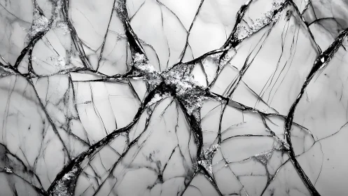 Fractured marble surface reveals tangled black fissures.