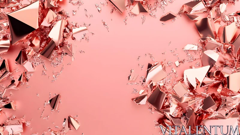 Shattered Rose Gold Geometric Crystals on Pink Background.