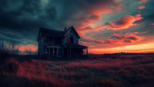 Storm-bent farmhouse listens quietly to the burning red sky