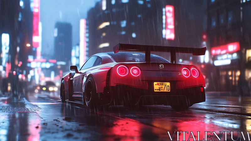 Red sports car in wet neon city street at night rainfall.