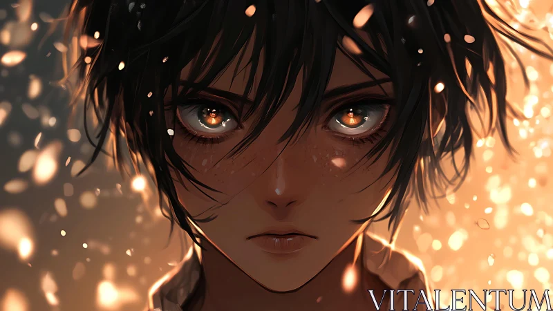 Anime portrait with ember-lit gaze and dramatic rim lighting.