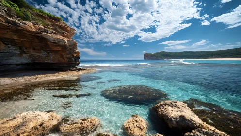 Sunstruck cliffs greeting turquoise tide in a secret cove.