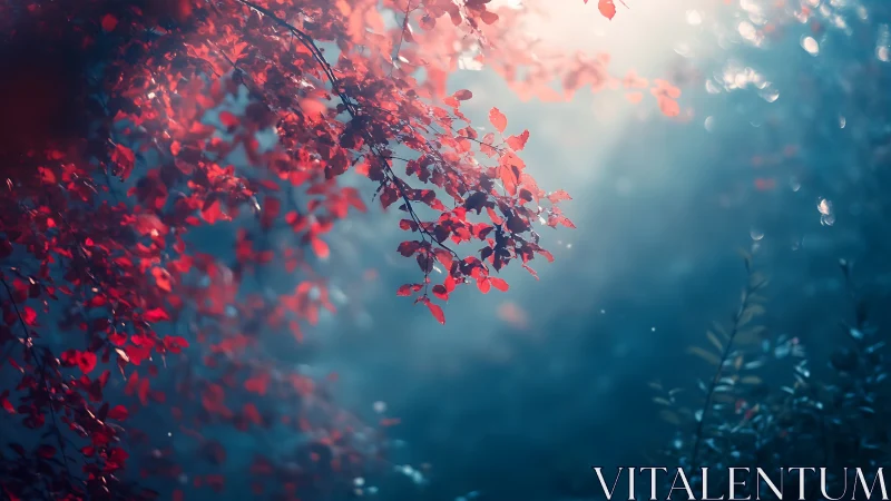Crimson leaves drifting through dream-blue forest light.