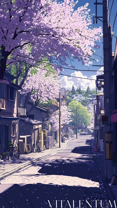 Cherry blossom-lined residential street rendered in calm anime style