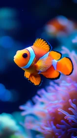 Vibrant clownfish glides above anemone in saturated bokeh seascape