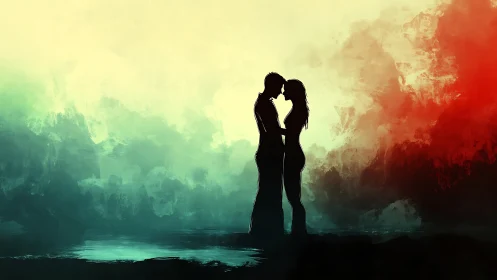 Two Hearts Silhouetted in Emerald Light.