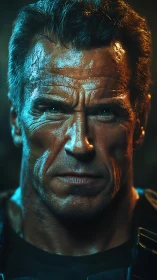 Cinematic cyber warrior portrait in dual teal-orange light.