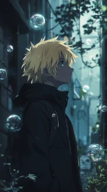 Melancholic blond teen in urban alley with suspended bubbles