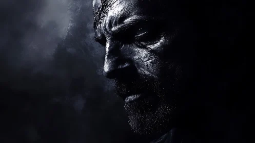 Side-lit male profile portrait with textured skin detail.