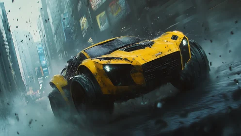 Yellow cyberpunk racer drifts through storm-soaked city streets.