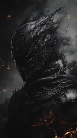 Shadowforged knight listens to embers whisper in the dark