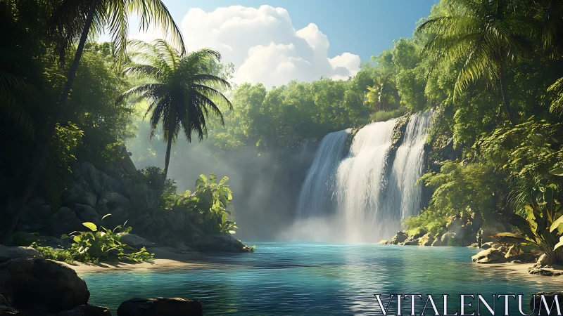 Tropical waterfall pool bordered by dense palm vegetation.