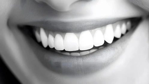 Close-up of smiling mouth with perfect white teeth, black and white.