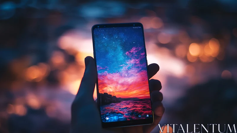 Silhouetted Hand Displaying Vivid Computational Gradient Landscape on Mobile Display.