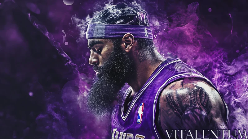 Purple smoke crowns a focused baller in mythic courtside glow