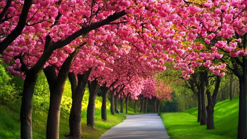 Spring cherry blossom lane inviting quiet wanderings.