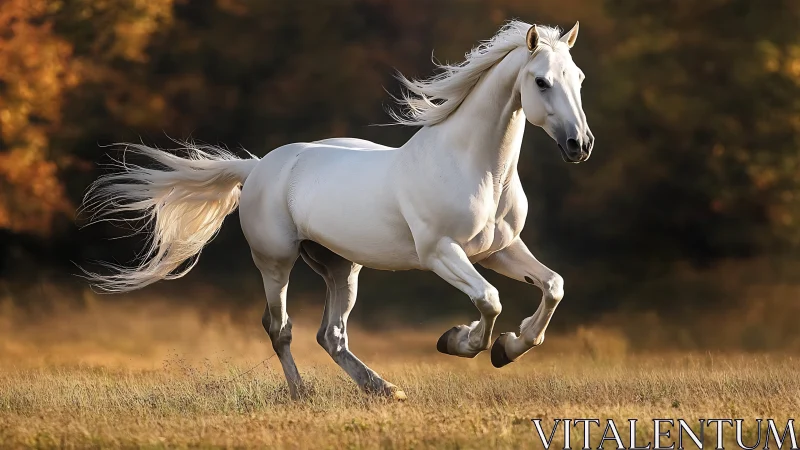 Kinetic analysis of galloping white horse in autumn field.