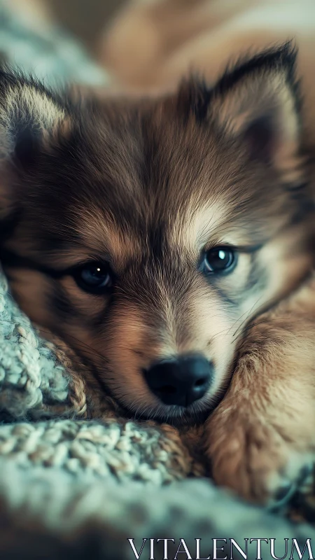 Close-up portrait of resting puppy on textured blanket.