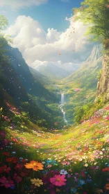 Sunlit alpine valley with vivid wildflower meadow panorama.