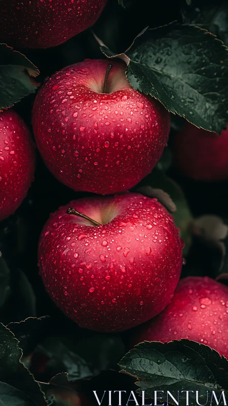 Juicy red apples glowing with fresh morning raindrops.