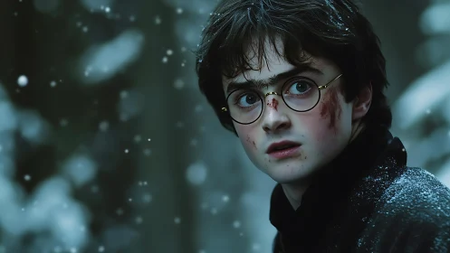 Snow-dusted boy with glasses braves a tense winter moment.