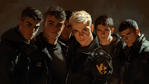 Paramilitary youth squad in low key cinematic group portrait