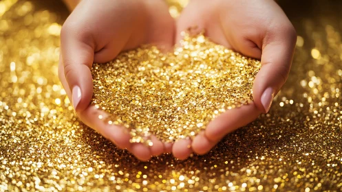 Cupped hands cradle reflective golden glitter under shallow focus