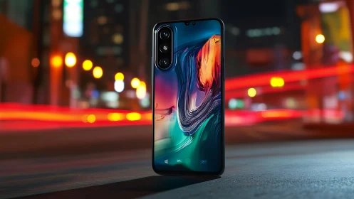 Smartphone stands upright on night street with light trails