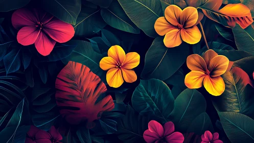 Vibrant Floral Composition with Tropical Foliage and Layered Petals.