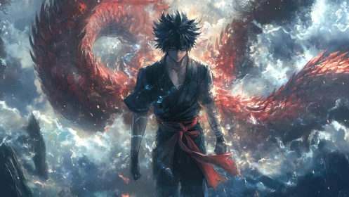 Volcanic dragon vortex encircling stormforged warrior avatar.