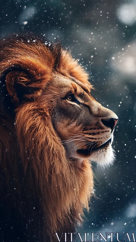 Lion profile in falling snow with dramatic rim light.