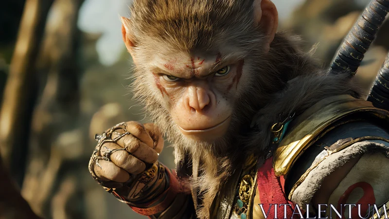 Battle-ready monkey warrior stares ahead in fierce focus.