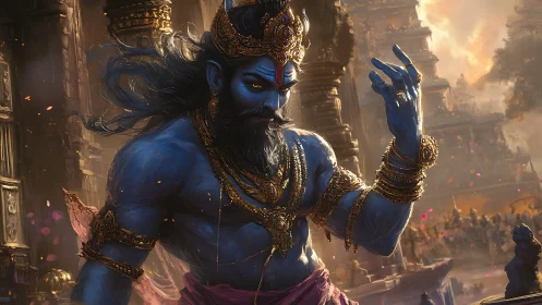 Mythic blue deity dominates golden-lit temple battlefield.
