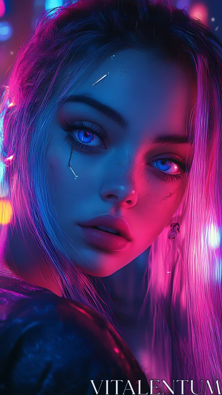 Cyberpunk portrait in neon blue and magenta rim lighting.