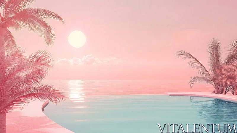 Pastel tropical infinity pool overlooks calm pink ocean sunset